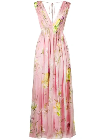 Blumarine Floral Print Pleated Dress In Pink