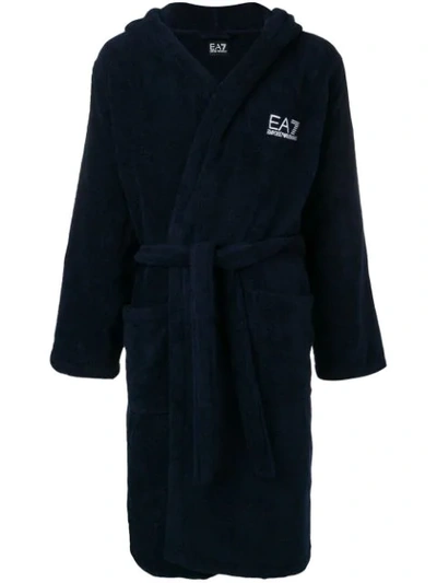 Ea7 Logo Embroidered Toweling Robe In Blue
