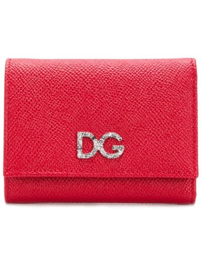 Dolce & Gabbana Diamante Dg Logo Pebbled Leather Wallet In Red