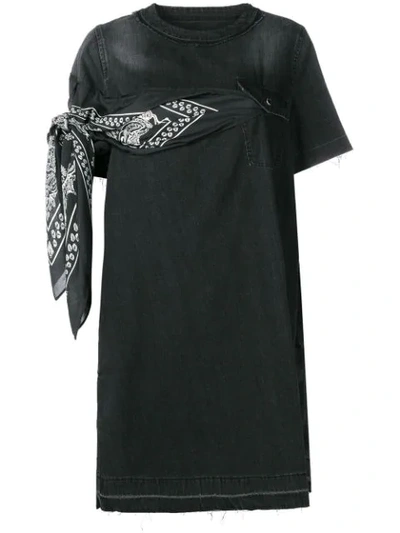 Sacai Scarf Appliqué Denim Dress In Black