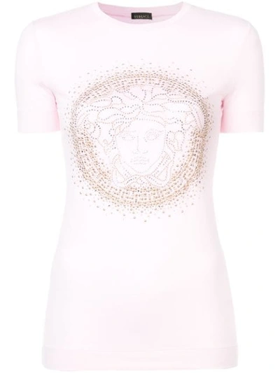 Versace Embellished Medusa Logo Tee In Pink