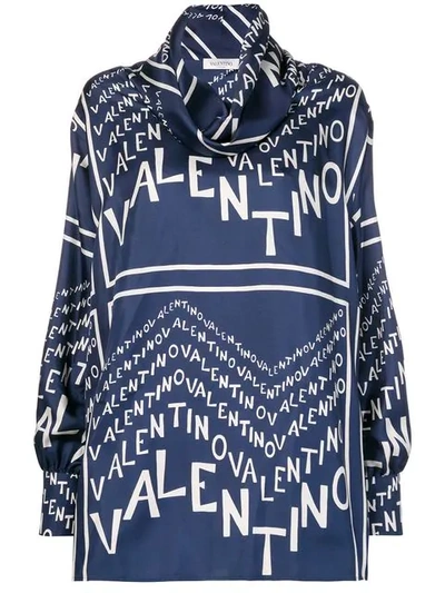 Valentino Logo-print Cowl Neck Silk-satin Blouse In Blue