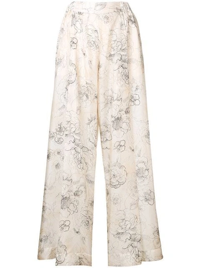 Erika Cavallini Floral Print Silk Trousers In Neutrals