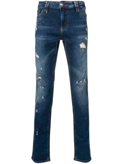 Philipp Plein Distressed Slim Jeans In Blue