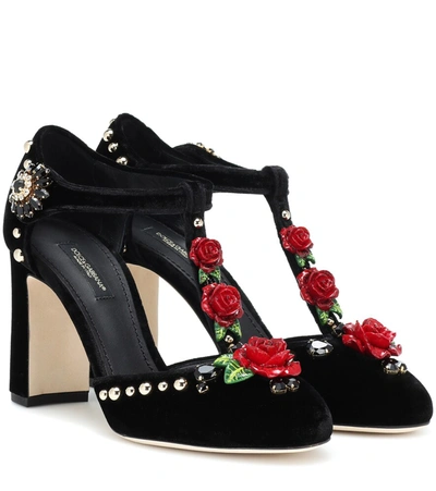 Dolce & Gabbana Velvet T-straps With Embroidery In Black