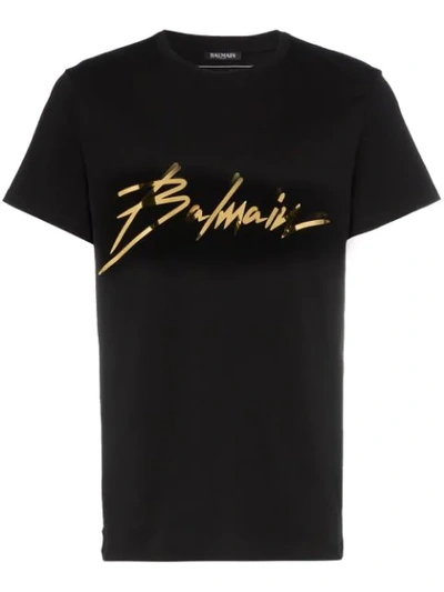 Balmain Signature Logo Cotton T-shirt In Noir & Or