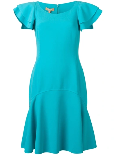 Michael Kors Flutter-sleeve Scoop-neck Stretch-wool Crepe Dress In Aqua