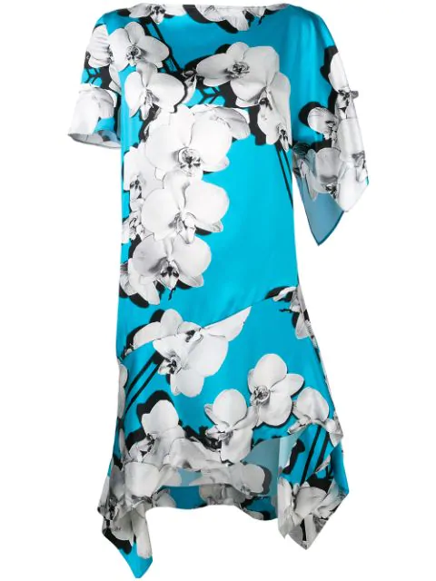 Roberto Cavalli Asymmetric Orchid Print Shift Dress In Blue | ModeSens