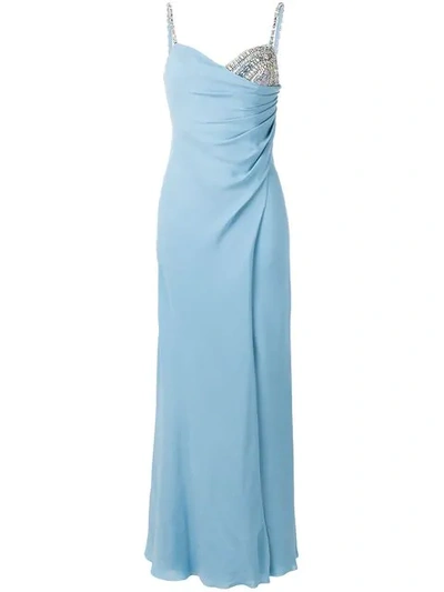 Versace Crystal Embellished Draped Gown In Blue