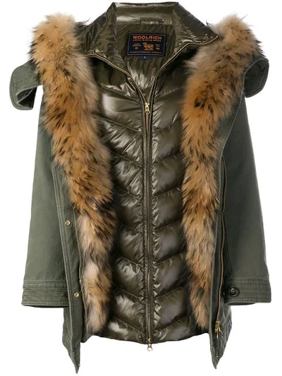 Woolrich Padded Parka With Fur Lining In Green