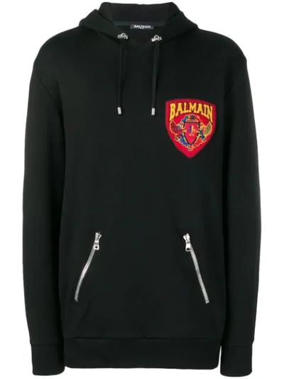 Balmain Logo Patch Hoodie In Black
