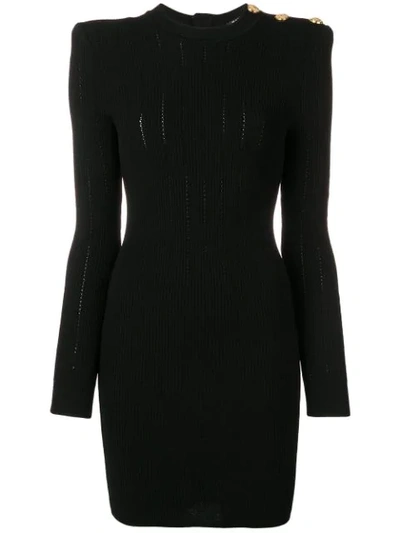 Balmain Long-sleeve High-neck Ribbed Dress With Shoulder Button In Noir