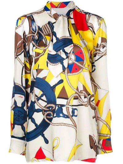 Msgm Scarf-print Satin Blouse In White