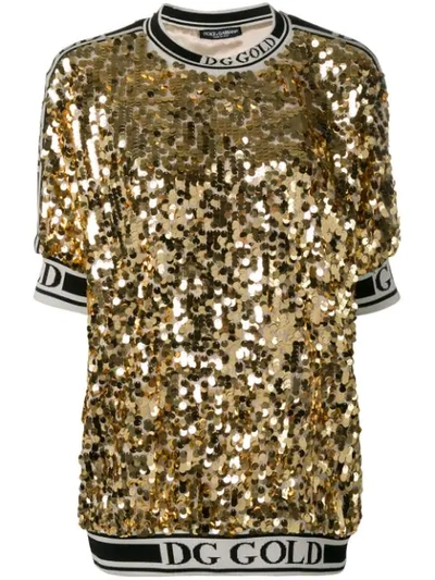 Dolce & Gabbana Logo Trim Sequin T-shirt In Gold