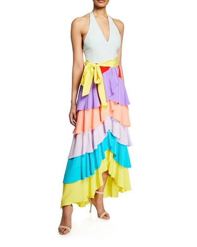 Alice And Olivia Elmira Halter-neck Ruffle Tiered Gown