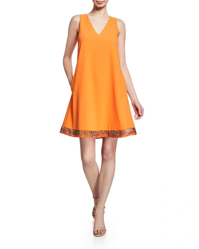 Emporio Armani Bugle-beaded Sleeveless Silk-cady A-line Dress In Orange