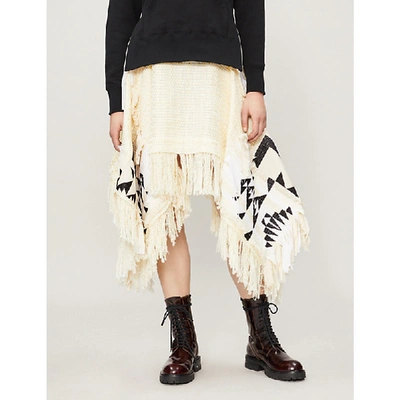 Sacai Asymmetric Fringed Tweed Skirt In Off White/black