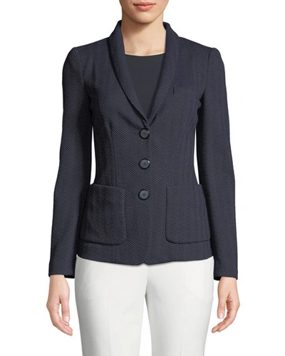 Emporio Armani Herringbone-jersey 3-button Blazer Jacket In Blue