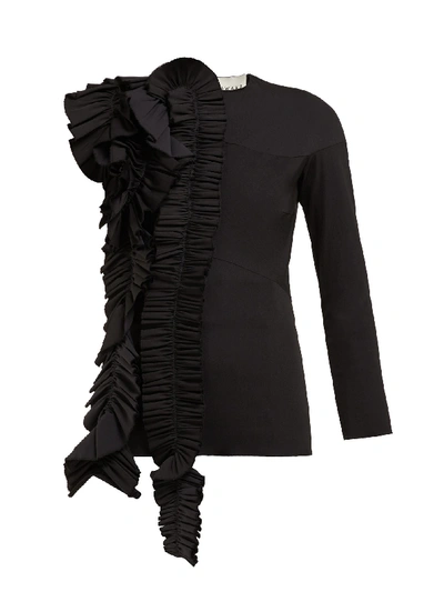 A.w.a.k.e. Ruffled Asymmetric Wool-blend Top In Black