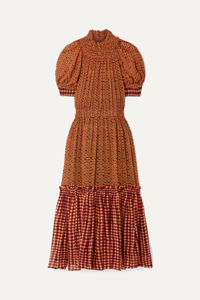 Proenza Schouler Square-print Gathered Silk-georgette Midi Dress In Marrone