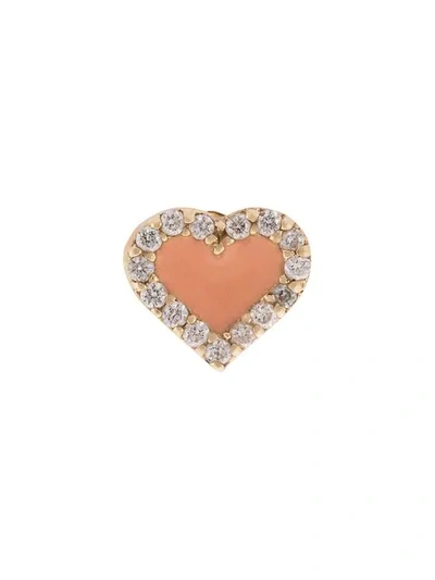 Alison Lou 14kt Yellow Gold, Coral Enamel And Diamond Heart Stud