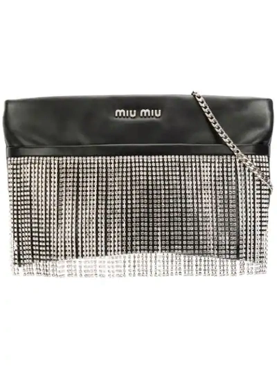 Miu Miu Crystal Fringe Clutch Bag In Black
