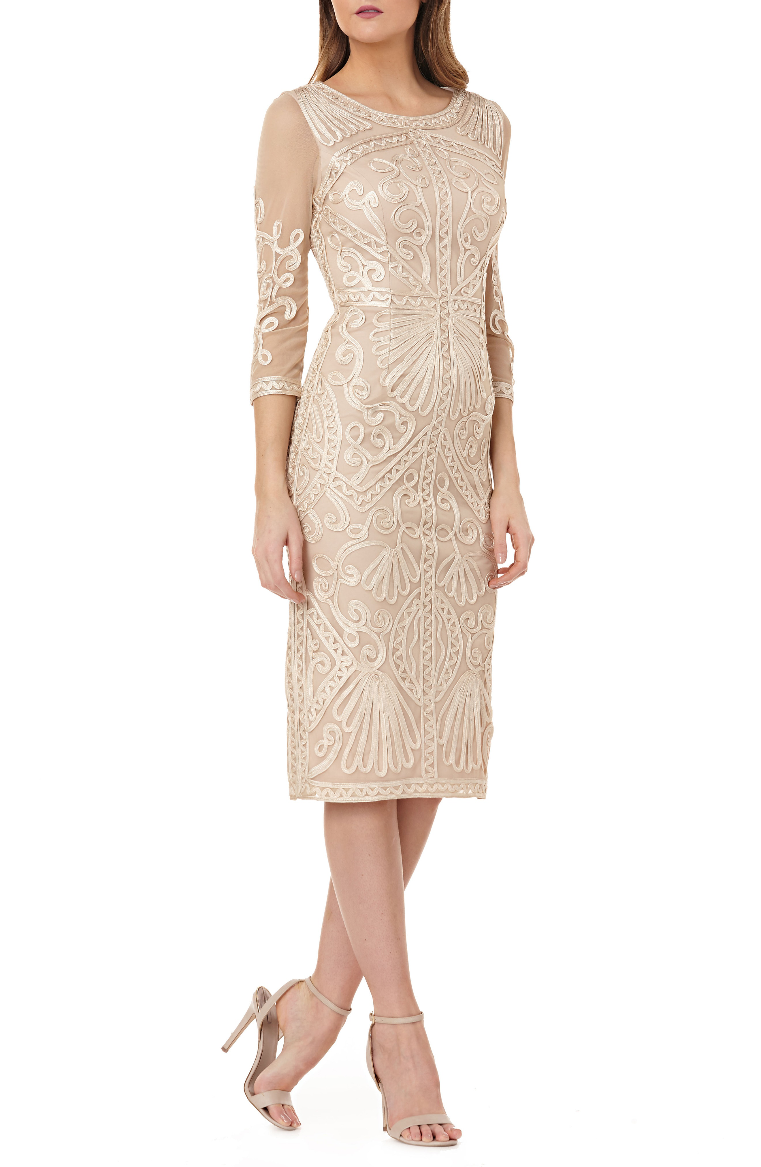 js collections sheer sleeve soutache sheath dress