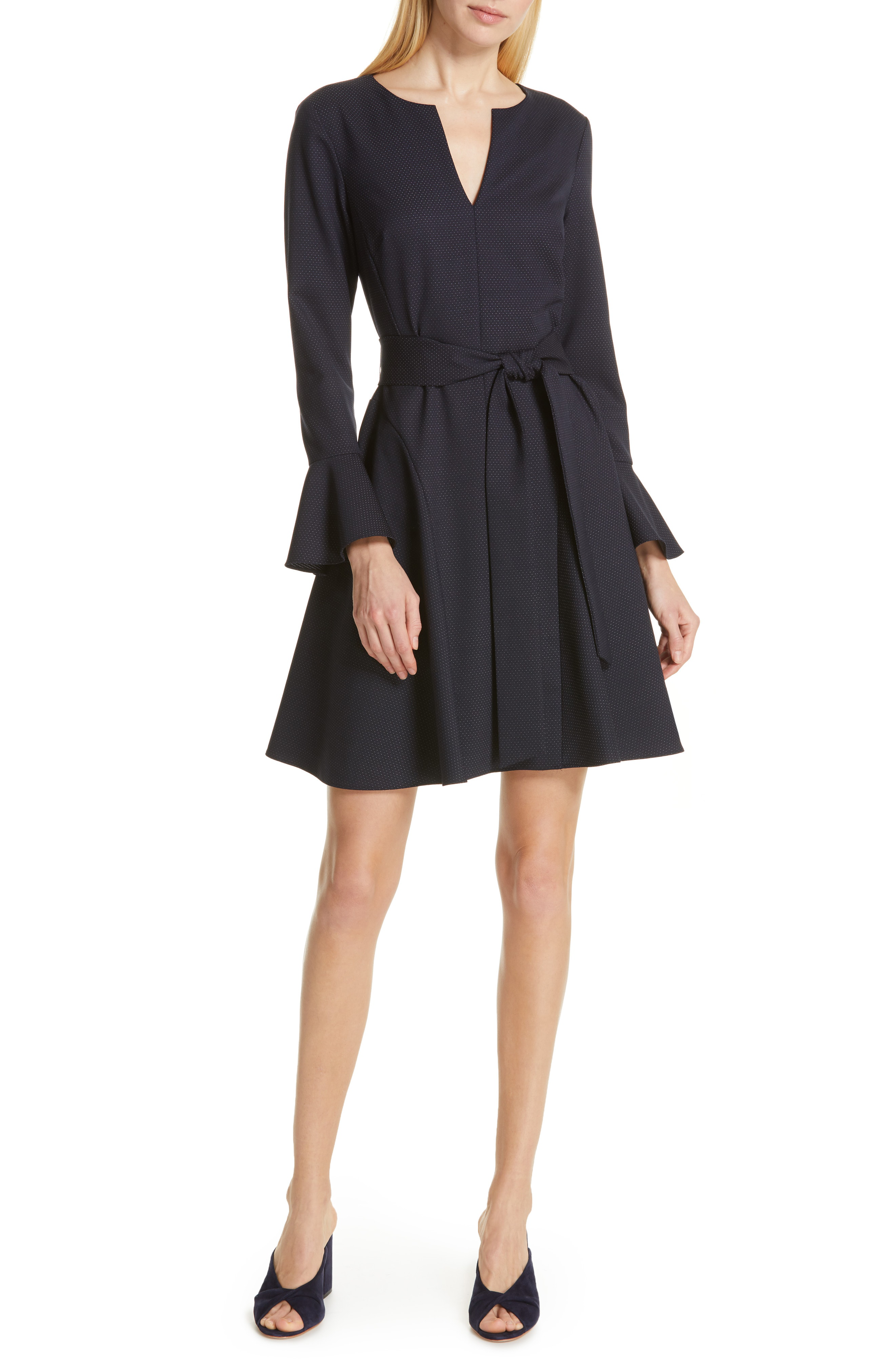 Club Monaco Kasca Ruffle Sleeve Fit & Flare Dress In Navy Dot | ModeSens