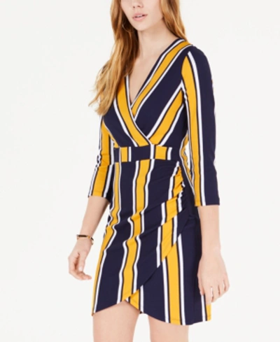 Almost Famous Juniors' Striped Wrap Dress In Mustard/navy Stripe