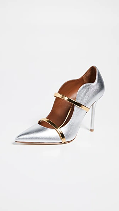 Malone Souliers Maureen 100mm Metallic Leather Two-strap Mules In Silver/gold