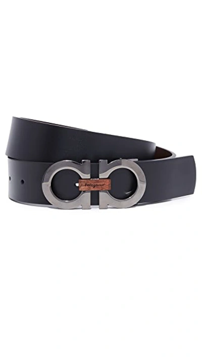 Ferragamo Double Gancio Reversible Belt With Wood Detail In Black