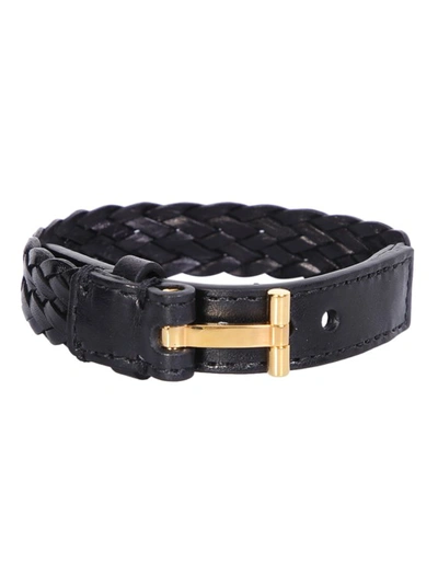 Tom Ford Woven Leather And Gold-tone Bracelet In Black