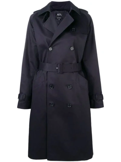 Apc Belted Trench Coat In Blue