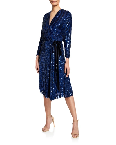 Jenny Packham Long-sleeve Wrapped Beaded Cocktail Dress In Blue
