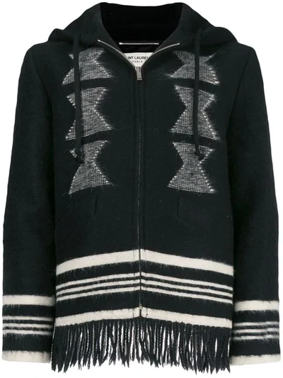 Saint Laurent Embroidered Fringed Hoodie In Black/white