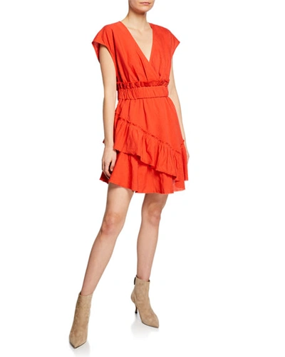 Iro Billow V-neck Ruffle Linen Short Dress In Red
