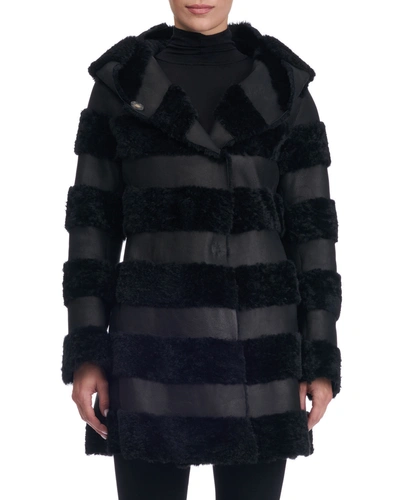 Christia Hooded Leather Jacket With Fur Stripes In Black