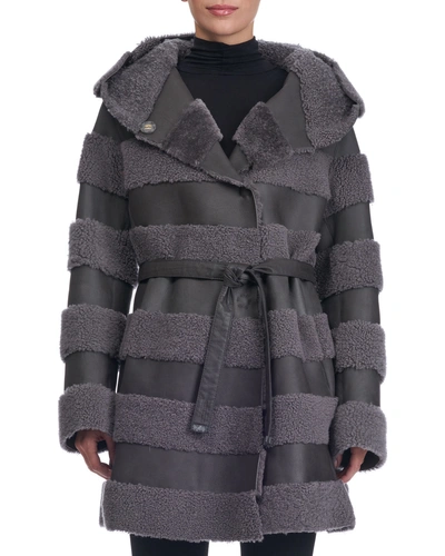Christia Hooded Leather Jacket With Fur Stripes In Gray