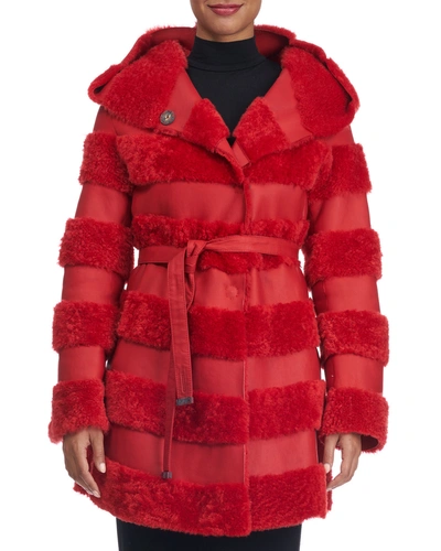 Christia Hooded Leather Jacket With Fur Stripes In Red