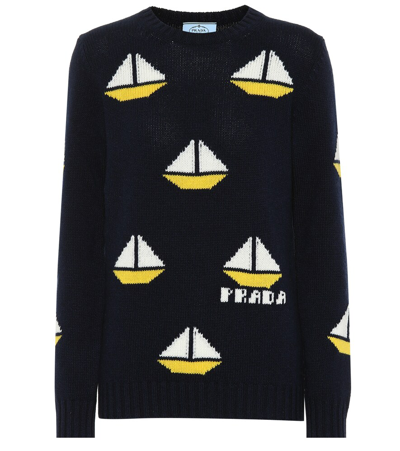 Prada Sailboat Jacquard Wool-cashmere Sweater In Blue