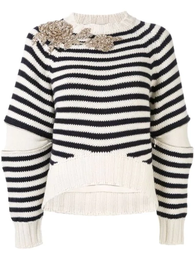 Alexander Mcqueen Embellished Striped Knit Sweater In 9131 Ivory/navy/crystal