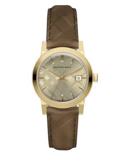 Burberry Check Embossed Leather Strap Watch, 34mm In Brown