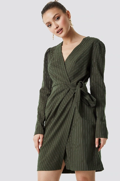 Trendyol Striped Wrapped Midi Dress - Green In Khaki