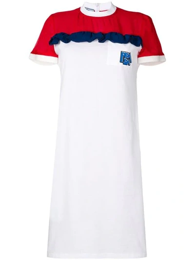Prada Ruffled Detail T-shirt Style Dress In White + Red + Ink