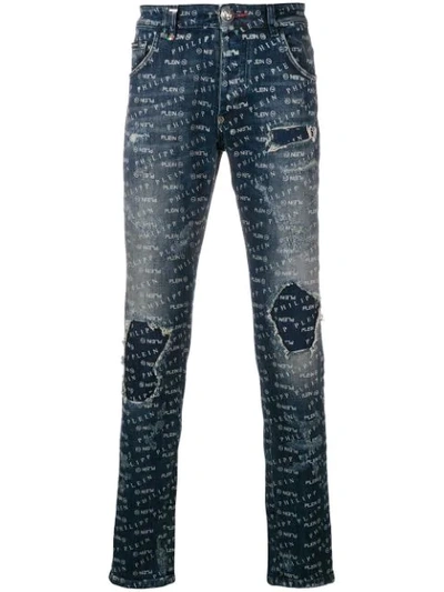 Philipp Plein Logo Print Skinny Jeans In Blue