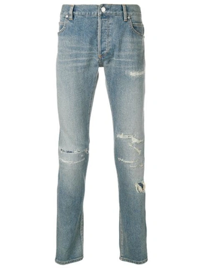 Balmain Distressed Mid-rise Skinny Jeans In Blue