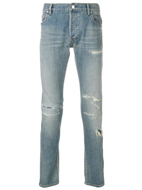 Balmain Distressed Mid-Rise Skinny Jeans In Blue | ModeSens