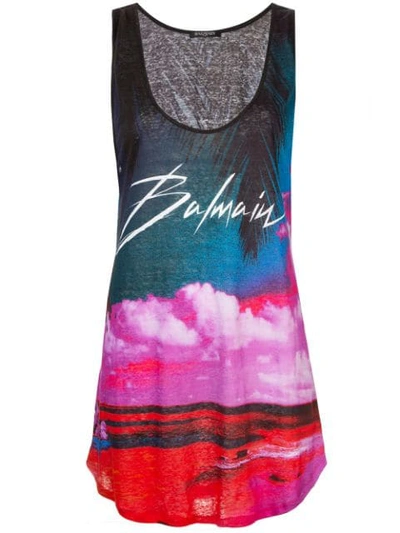 Balmain Palm Sunset Logo-graphic Print Linen Tank In Multicolour