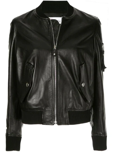 Red Valentino Leather Bomber Jacket In Black