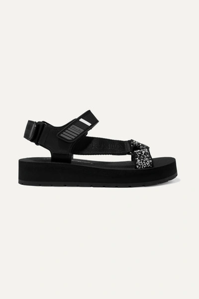 Prada Logo-embossed Rubber-trimmed Leather And Canvas Sandals In Black